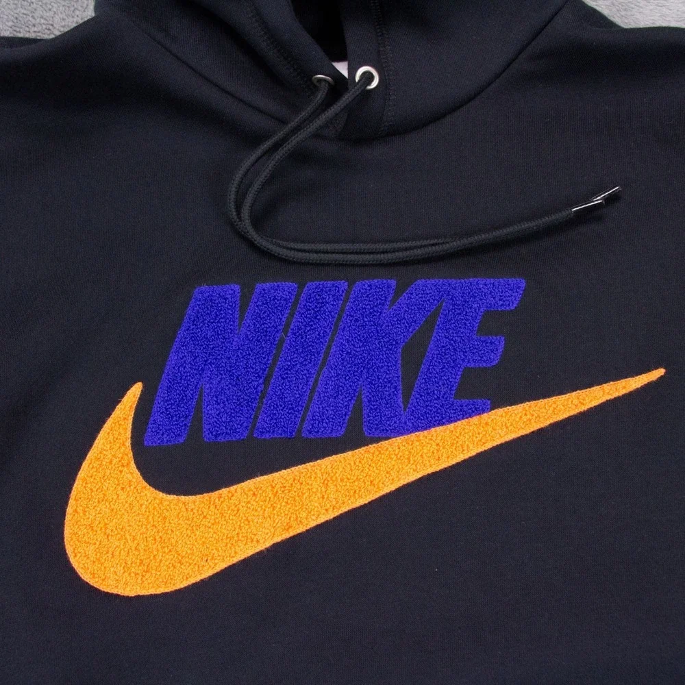 Nike Mens S Club Fleece Black Brushed Back Chenille Futura Swoosh Hoodie NEW $85